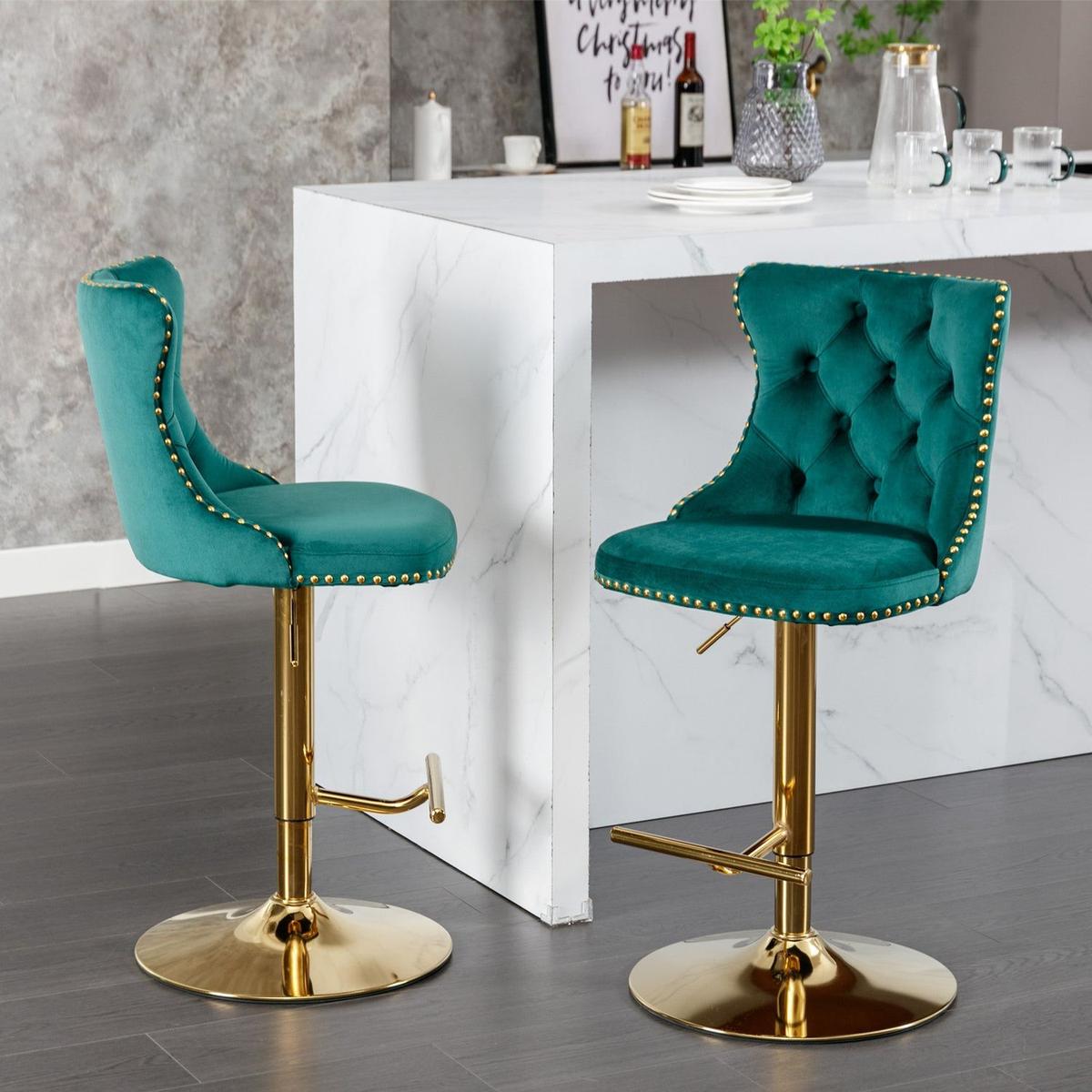 Golden Swivel Velvet Barstools Adjusatble Seat Height from 25-33 Inch, Modern Upholstered Bar Stools with Backs Comfortable Tufted for Home Pub and Kitchen IslandGreen, Set of 2)