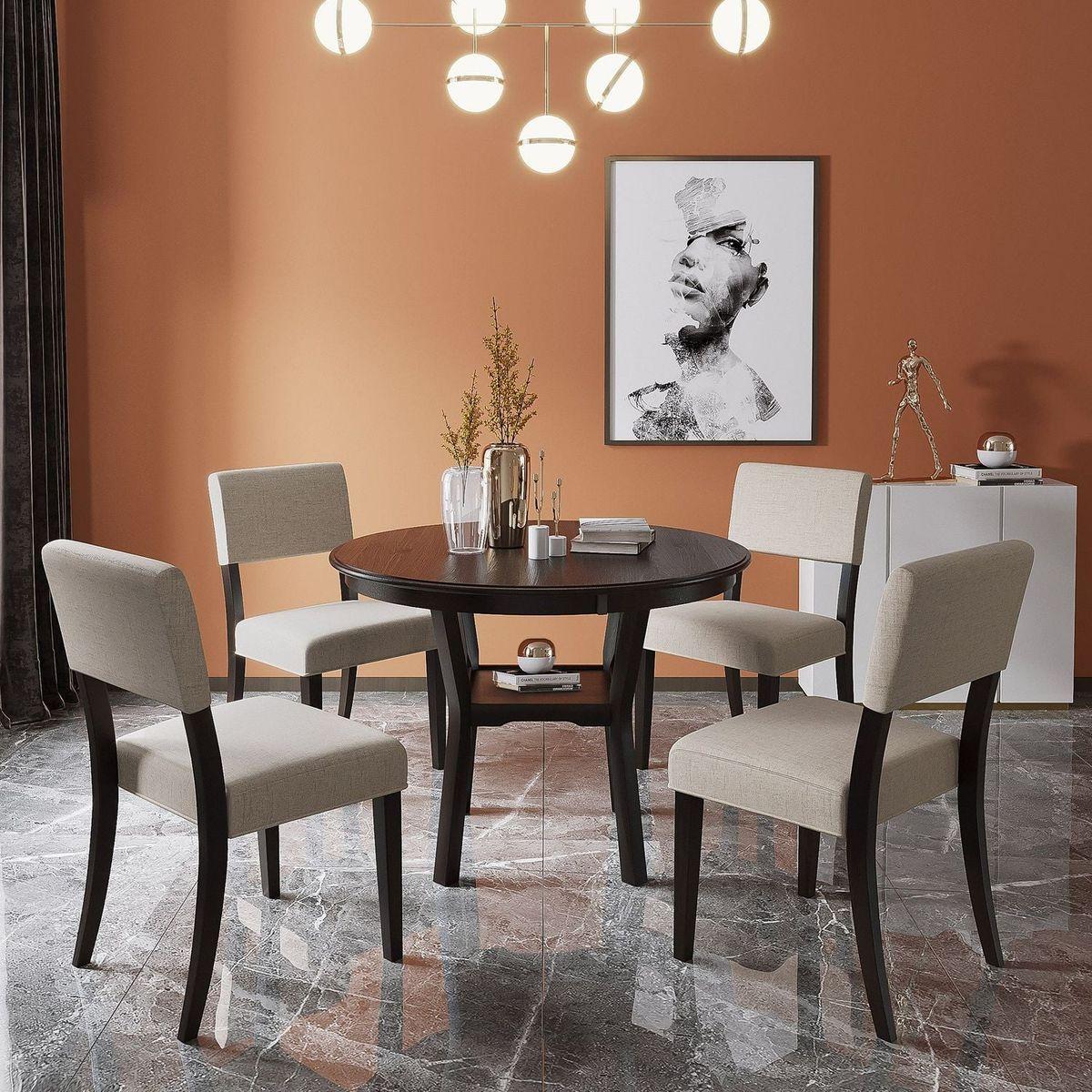 5-Piece Kitchen Dining Table Set Round Table with Bottom Shelf, 4 Upholstered Chairs for Dining Room (Espresso)