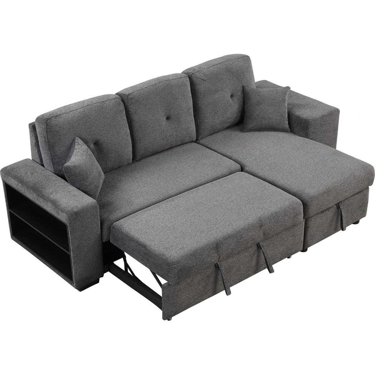 Reversible Sleeper Sectional Sofa Bed with Side Shelf and 2 Stools, Pull-Out L-Shaped Sofa Bed, Corner Sofa-Bed with Storage Chaise Left/Right Hande for Living Room, Blue Black