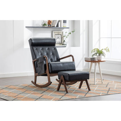 Rocking Chair With Ottoman, Mid-Century Modern Upholstered Fabric Rocking Armchair, Rocking Chair Nursery with Thick Padded Cushion, High Backrest Accent Glider Rocker Chair for Living Room