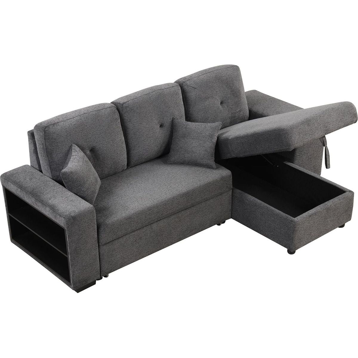 Reversible Sleeper Sectional Sofa Bed with Side Shelf and 2 Stools, Pull-Out L-Shaped Sofa Bed, Corner Sofa-Bed with Storage Chaise Left/Right Hande for Living Room, Blue Black