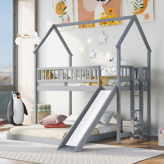 Twin over Full House Bunk Bed with Slide and Built-in Ladder, Full-Length Guardrail, Gray