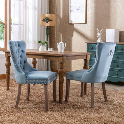 Nikki Collection Modern, High-end Tufted Solid Wood Contemporary Velvet Upholstered Dining Chair with Wood Legs Nailhead Trim 2-Pcs Setight Blue