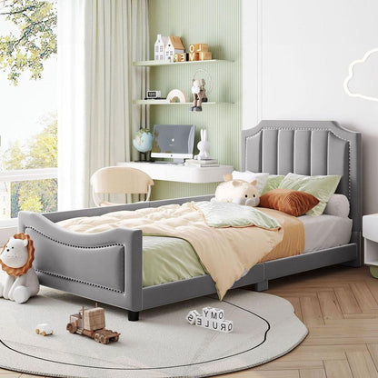 Twin Size Upholstered Daybed with Classic Stripe Shaped Headboard, Gray