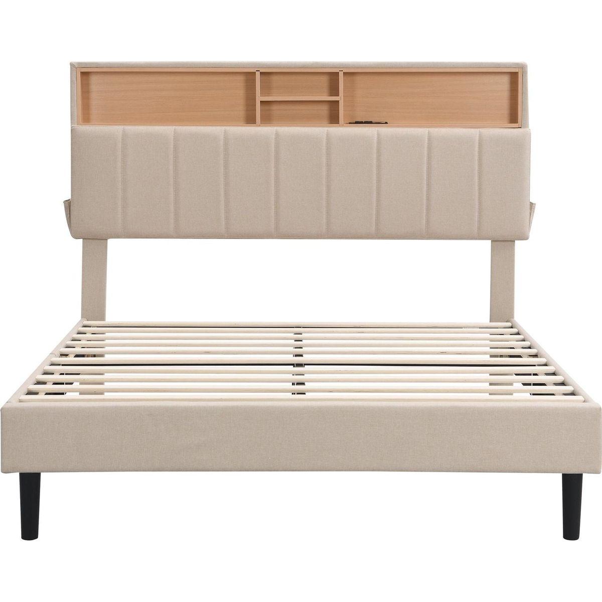 Full size Upholstered Platform Bed with Storage Headboard and USB Port, Linen Fabric Upholstered Bed (Beige)