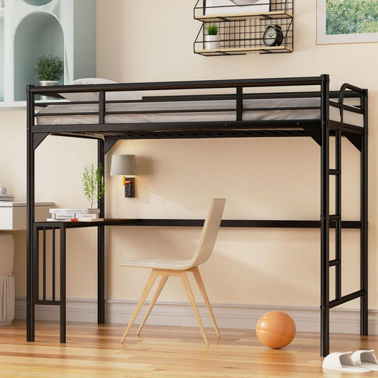 Twin Metal Loft Bed with Desk, Ladder and Guardrails, bookdesk under bed, Black