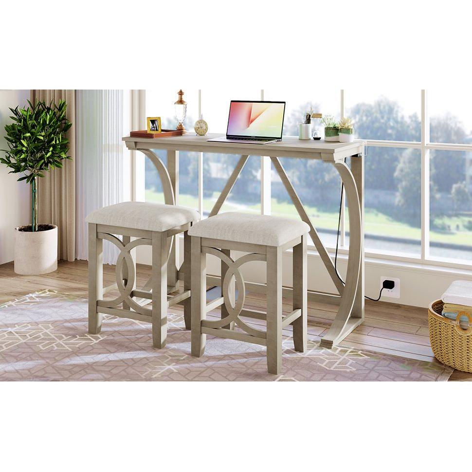 Farmhouse 3-Piece Counter Height Dining Table Set with USB Port and Upholstered Stools, Cream