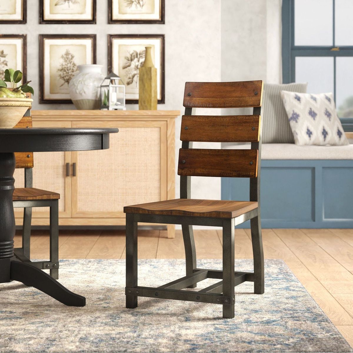 Unique Look Wood Framing Side Chairs 2pc Set Rustic Brown and Gunmetal Finish Industrial Design Casual Dining Furniture