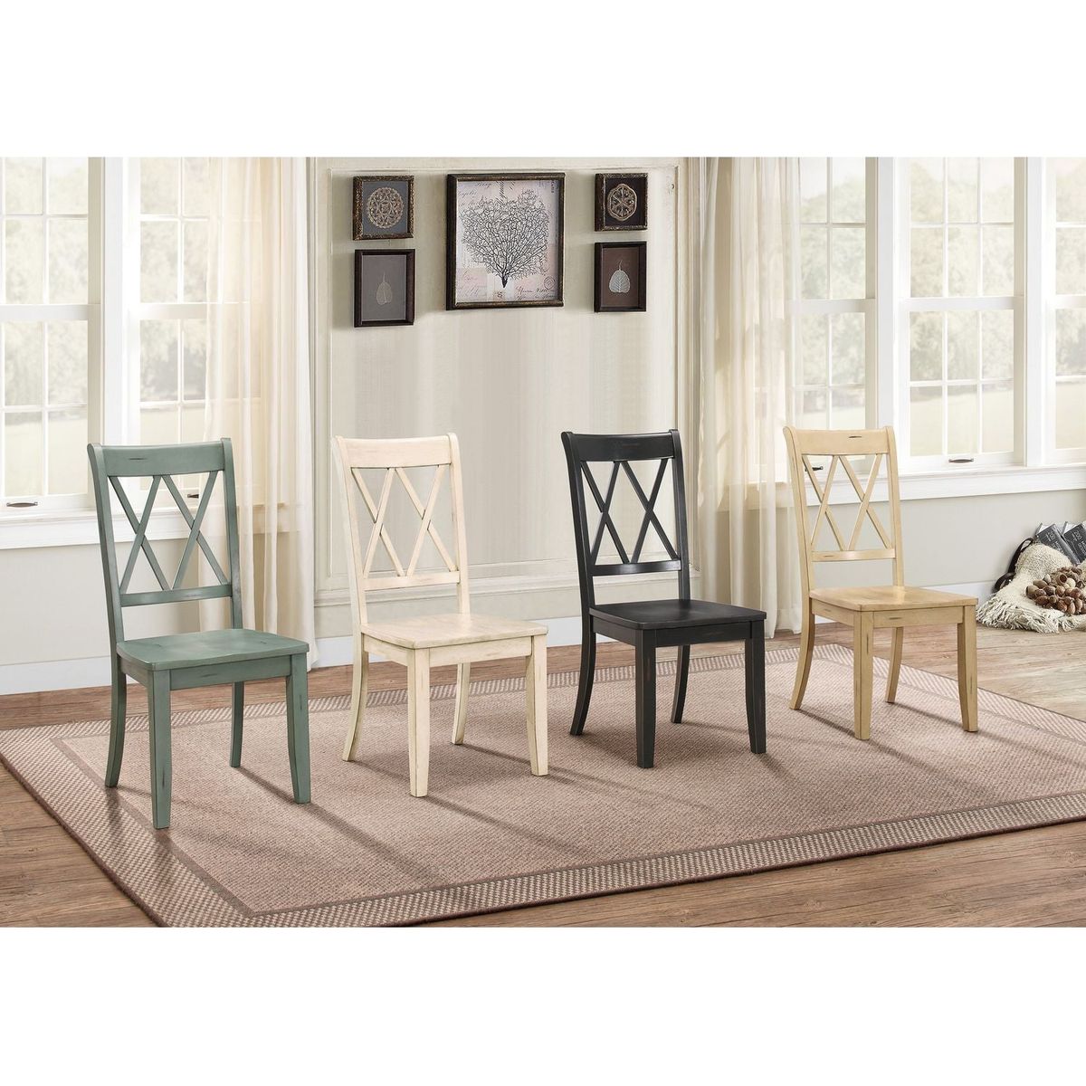 Casual Teal Finish Chairs Set of 2 Pine Veneer Transitional Double-X Back Design Dining Room Chairs