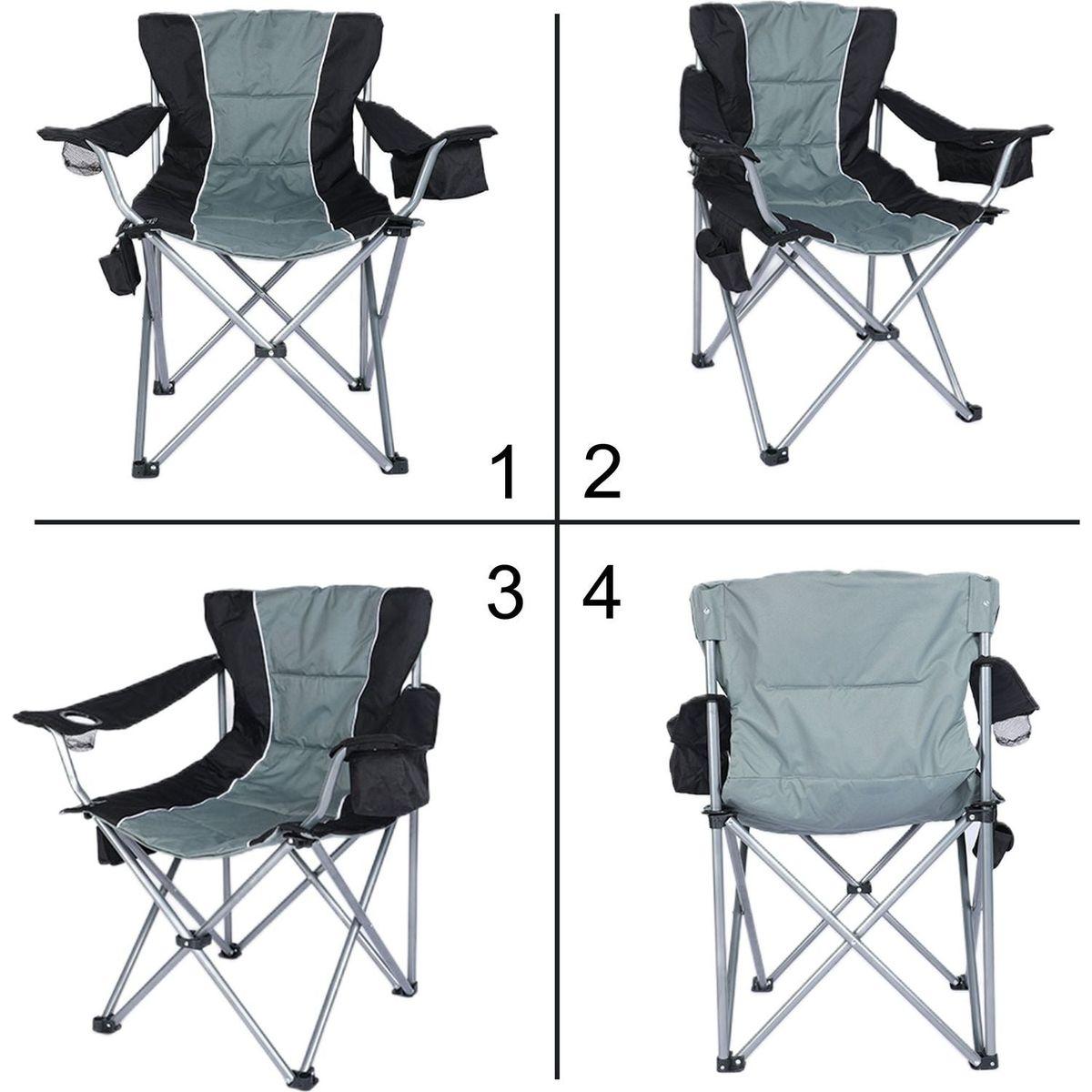 Oversized Camping Folding Chair with Cup Holder, Side Cooler Bag, Heavy Duty Steel Frame Fully P Added Quad Armchair for Outdoors, 1-Pack, Grey