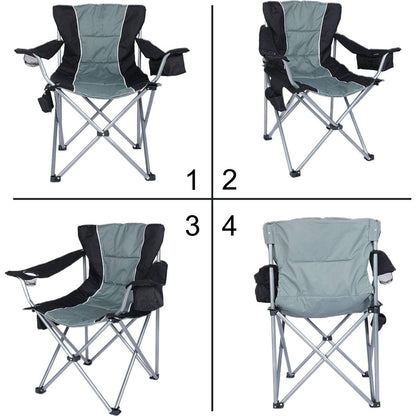 Oversized Camping Folding Chair with Cup Holder, Side Cooler Bag, Heavy Duty Steel Frame Fully P Added Quad Armchair for Outdoors, 1-Pack, Grey