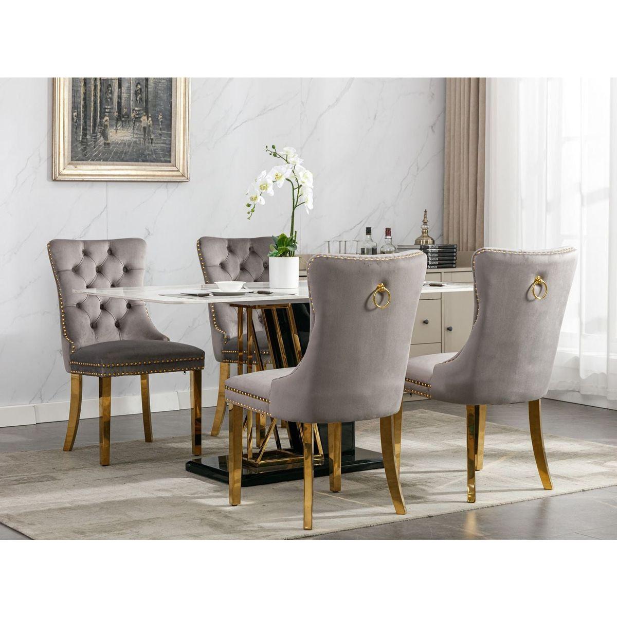 Nikki Collection Modern, High-end Tufted Solid Wood Contemporary Velvet Upholstered Dining Chair with Golden Stainless Steel Plating Legs,Nailhead Trim,Set of 2,Gray and Gold