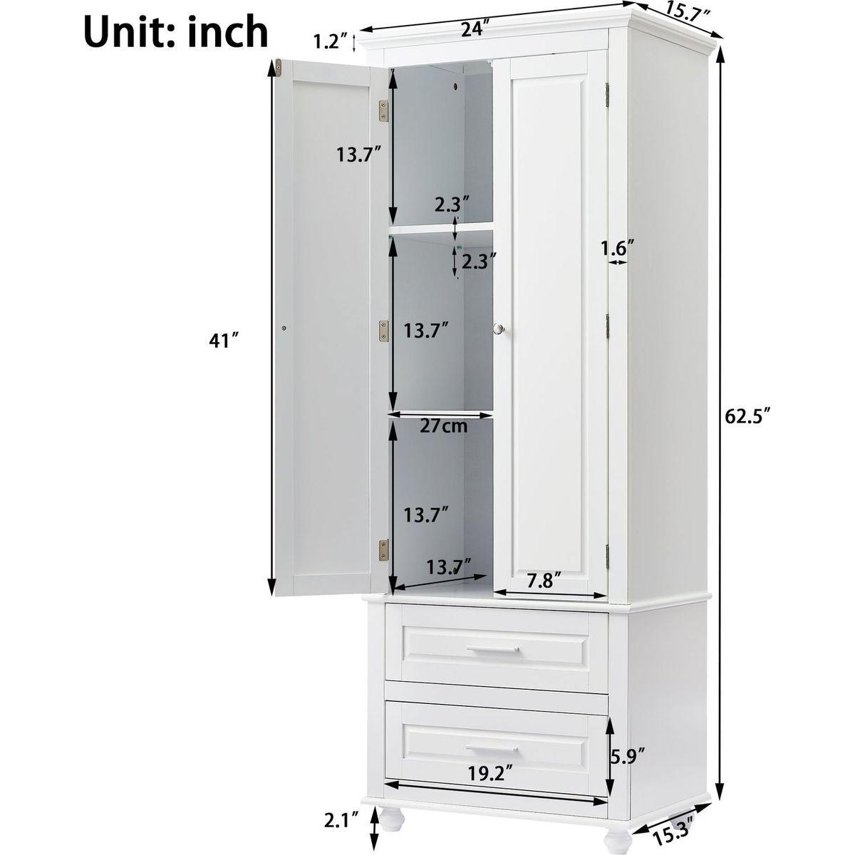 Tall Storage Cabinet with Two Drawers for Bathroom/Office, White