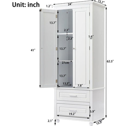 Tall Storage Cabinet with Two Drawers for Bathroom/Office, White
