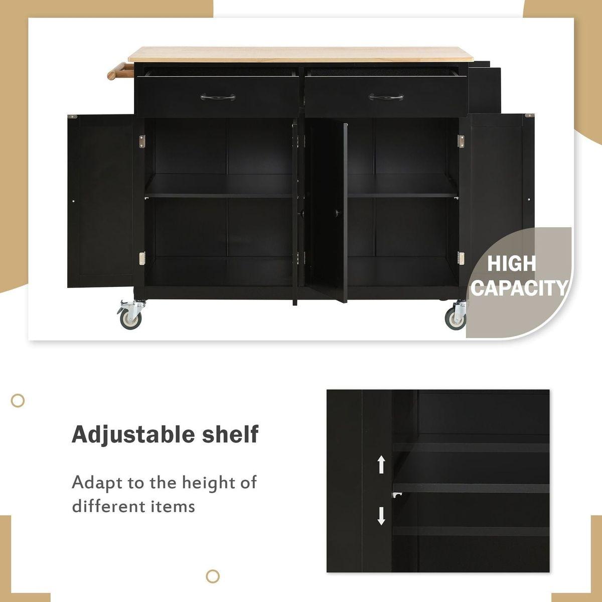 Kitchen Island Cart with Solid Wood Top and Locking Wheels4.3 Inch Width Door Cabinet and Two Drawerspice Rack, Towel Rack black) - Streamdale Furniture