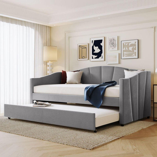 Upholstered Daybed Sofa Bed Twin Size With Trundle Bed and Wood Slat, Gray