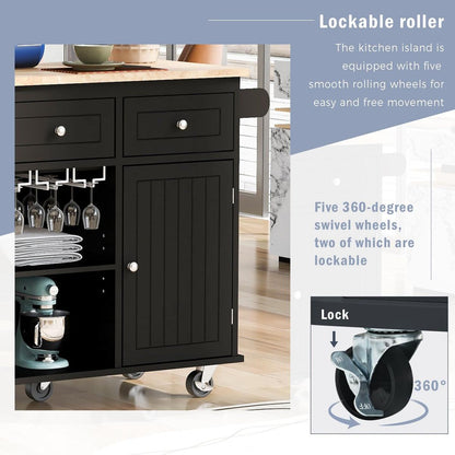 Kitchen Island with Power Outlet,Kitchen Storage Island with Drop Leaf and Rubber Wood,Open Storage and Wine Rack,5 Wheels,with Adjustable Storage for Home, Kitchen, and Dining Room, Black