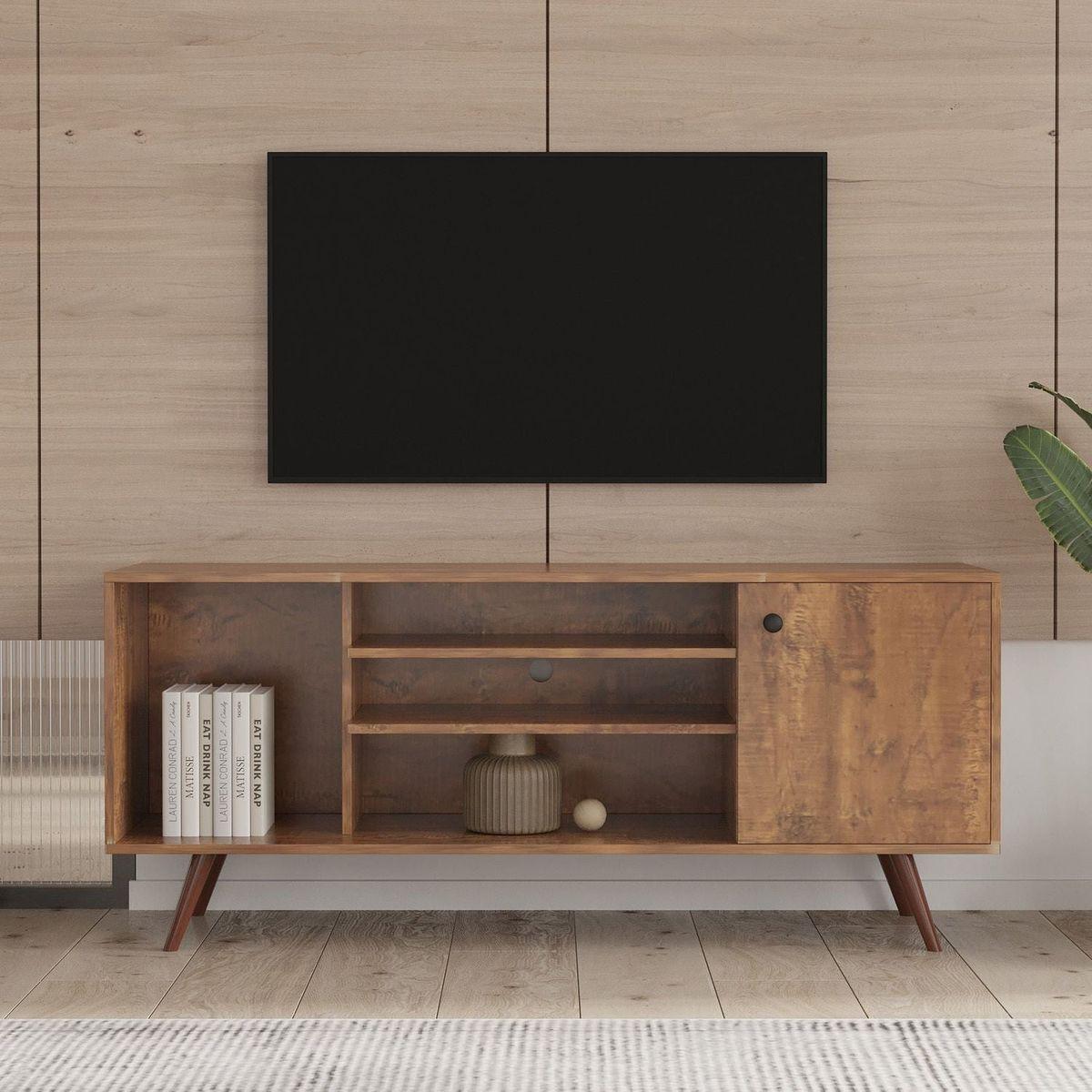 TV Stand Use in Living Room Furniture with 1 storage and 2 shelves Cabinet, high quality particle board, Walnut