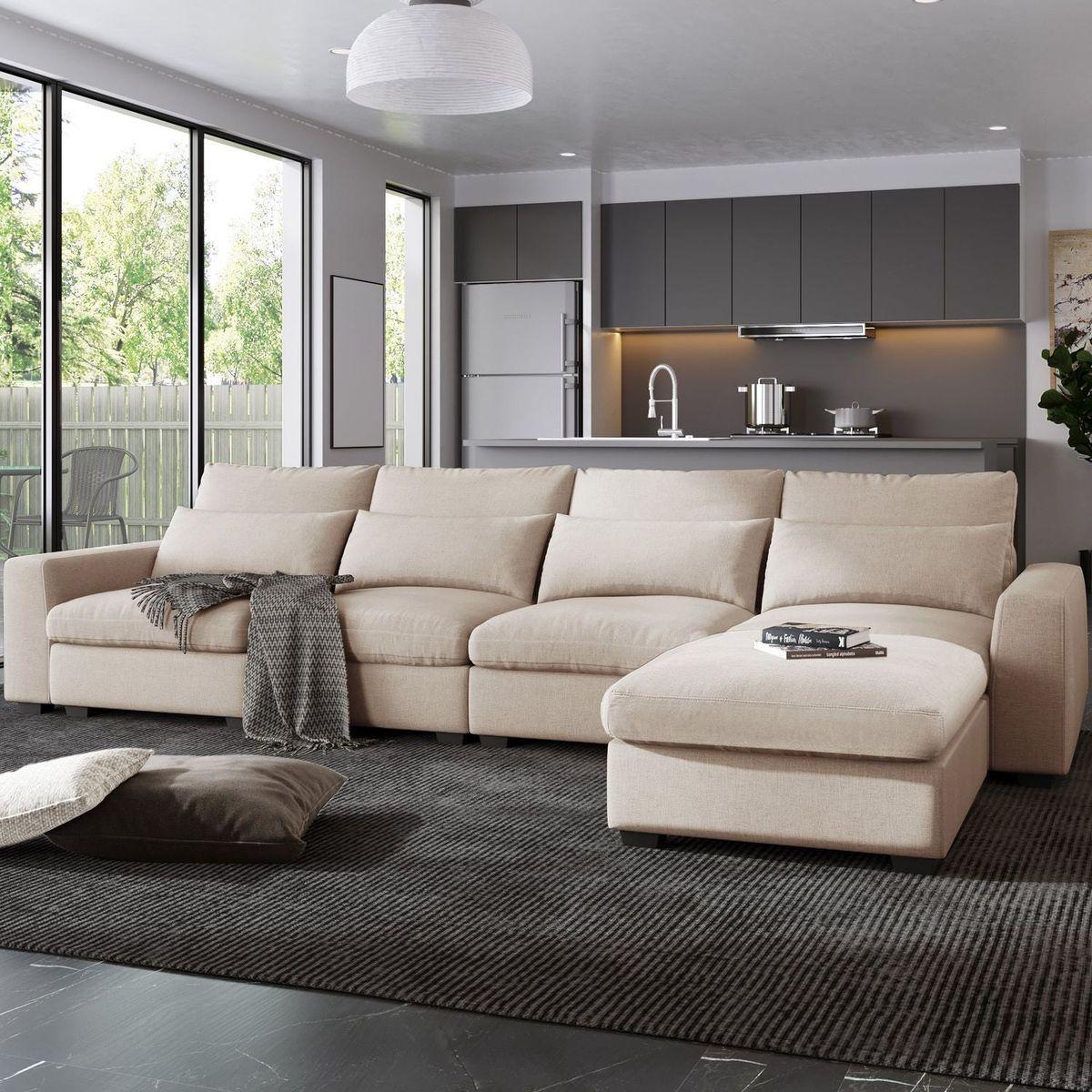 Modern Large L-Shape Feather Filled Sectional Sofa, Convertible Sofa Couch with Reversible Chaise for Living Room