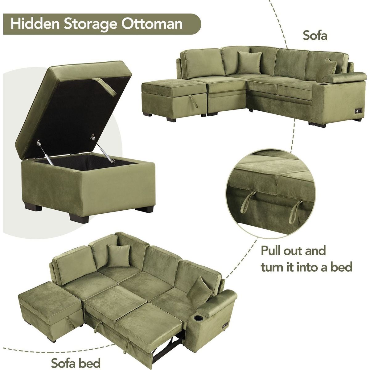 87.4" Sleeper Sofa Bed,2 in 1 Pull Out sofa bed L Shape Couch with Storage Ottoman for Living Room,Bedroom Couch and Small Apartment, Green