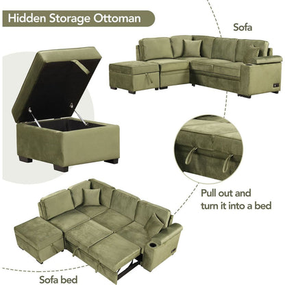 87.4" Sleeper Sofa Bed,2 in 1 Pull Out sofa bed L Shape Couch with Storage Ottoman for Living Room,Bedroom Couch and Small Apartment, Green