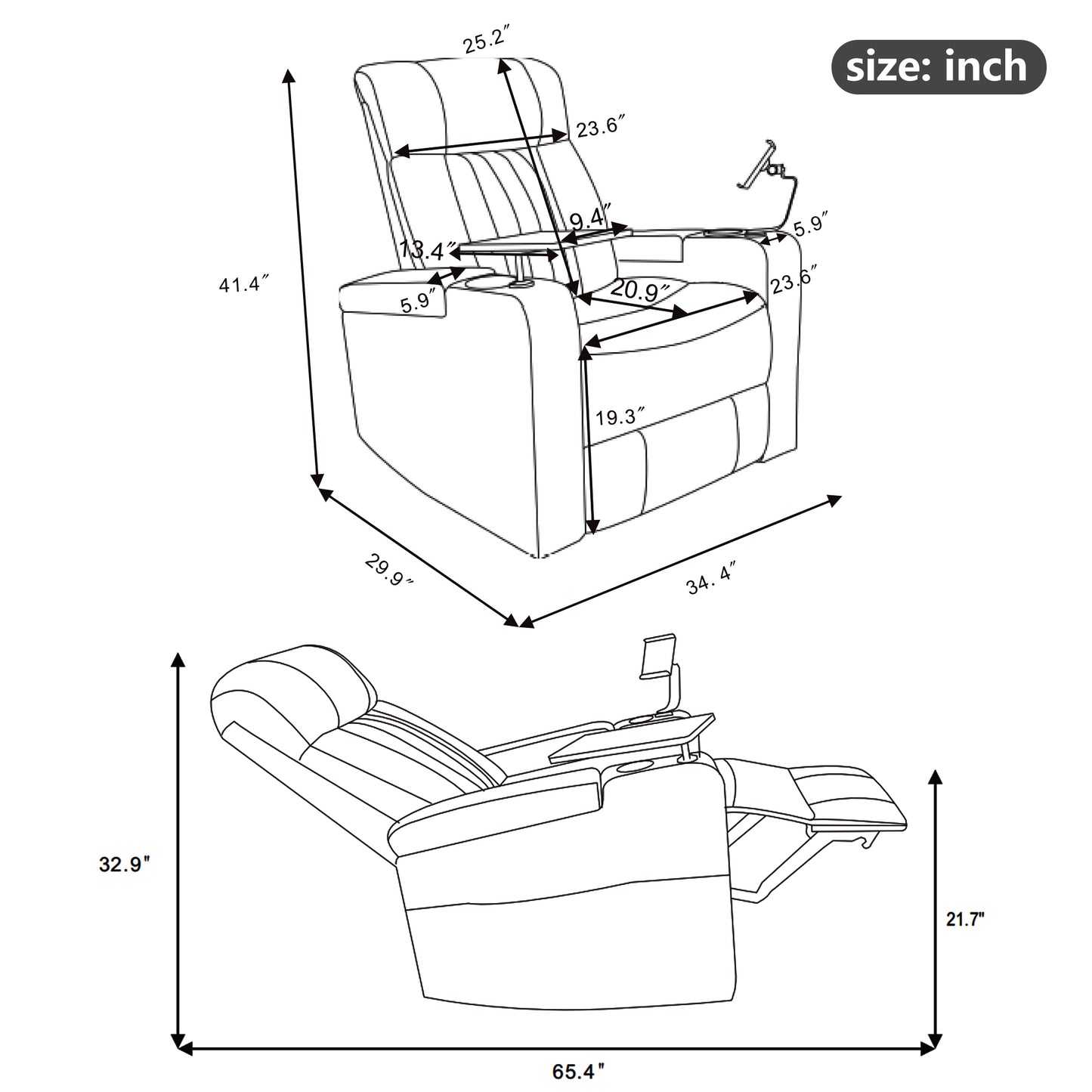 270 degree Power Swivel Recliner, Home Theater Seating With Hidden Arm Storage and LED Light Strip, Cup Holder, 360 degree Swivel Tray Table, and Cell Phone Holder, Soft Living Room Chair, Black