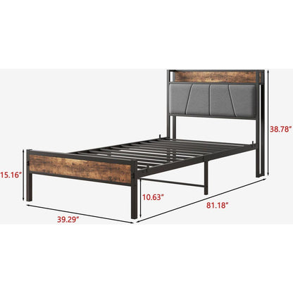 Twin Size Bed Frame, Storage Headboard with Charging Station, Solid and Stable, Noise Free, No Box Spring Needed, Easy Assembly