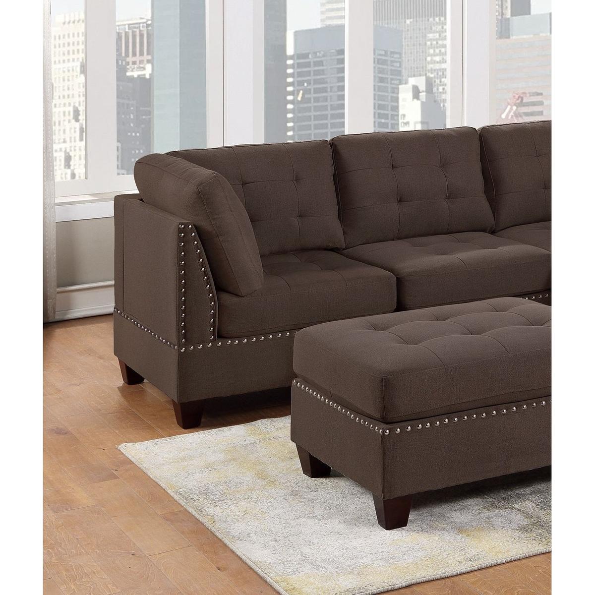 Modular Sectional 6pc Set Living Room Furniture L-Sectional Black Coffee Linen Like Fabric Tufted Nailheads 2x Corner Wedge 2x Armless Chairs and 2x Ottomans