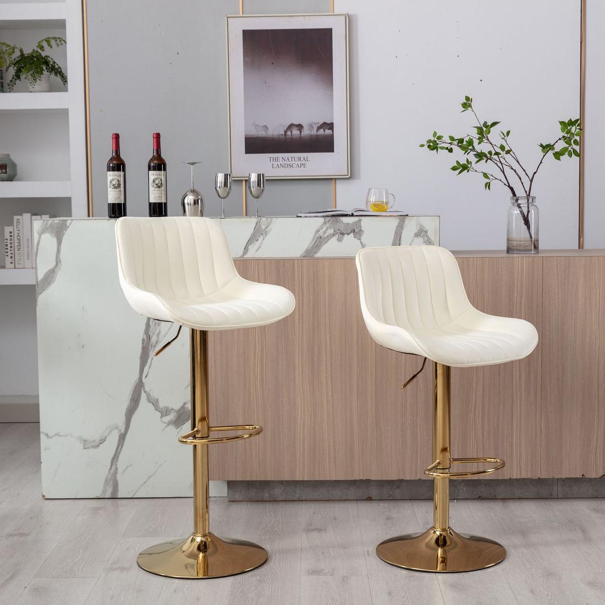 Chrome Footrest and Base Swivel Height Adjustable Mechanical Lifting Velvet + Golden Leg Simple Bar Stool, Set of 2, Ivory - Streamdale Furniture