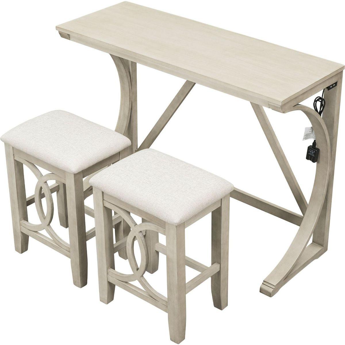 Farmhouse 3-Piece Counter Height Dining Table Set with USB Port and Upholstered Stools, Cream