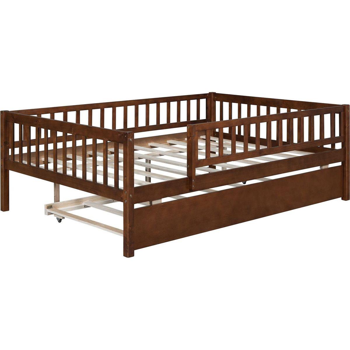Full Size Wood Daybed with Trundle and Fence Guardrails, Walnut