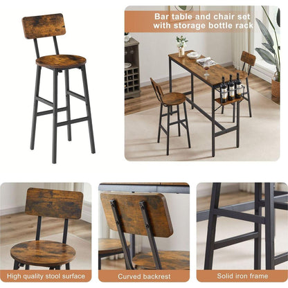 Bar Table Set with wine bottle storage rack. Rustic Brown, 47.24" L x 15.75" W x 35.43" H.