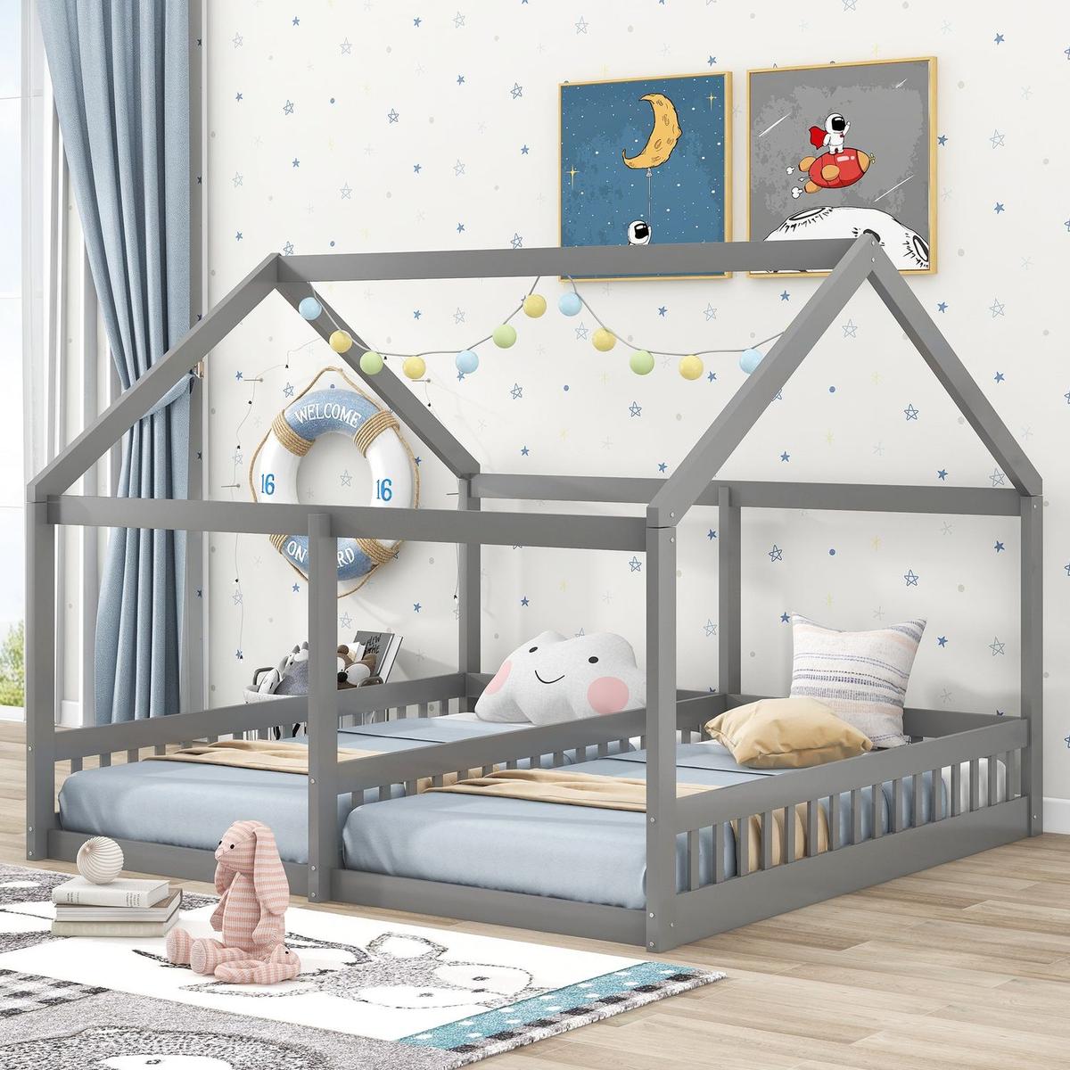 Twin Size House Platform Beds, Two Shared Beds, Gray - Streamdale Furniture