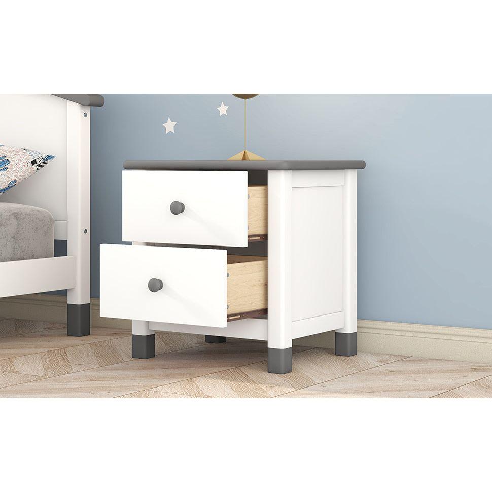 Wooden Nightstand with Two Drawers for Kids, End Table for Bedroom, White+Gray