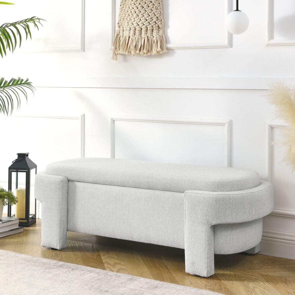 Linen Fabric Upholstered Bench with Large Storage Space for the Living Room, Entryway and Bedroom, White,(51.5"x20.5"x17") - Streamdale Furniture