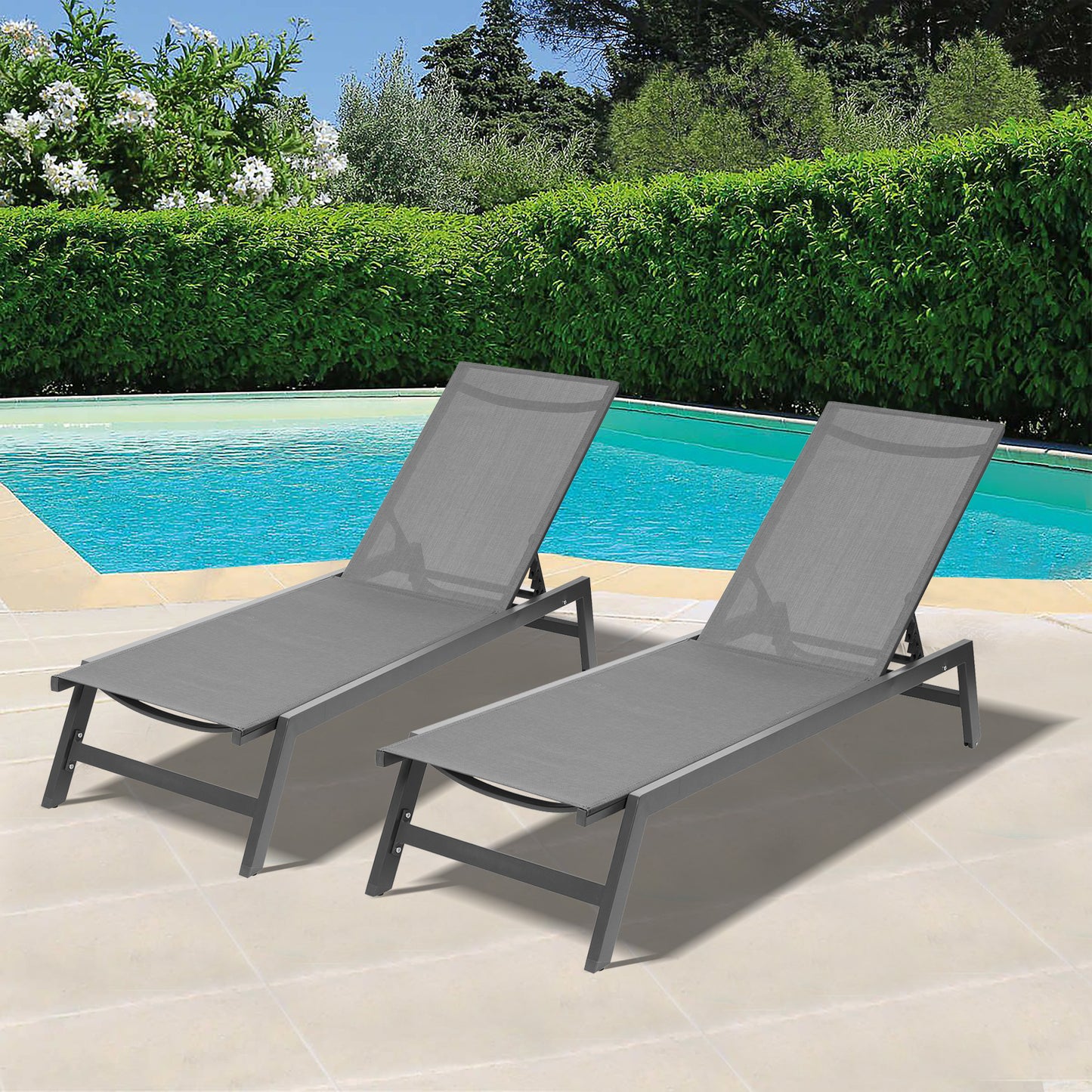 Outdoor 2-Pcs Set Chaise Lounge Chairs, Five-Position Adjustable Aluminum Recliner, All Weather For Patio, Beach, Yard, Pool (Grey Frame/Dark Grey Fabric)