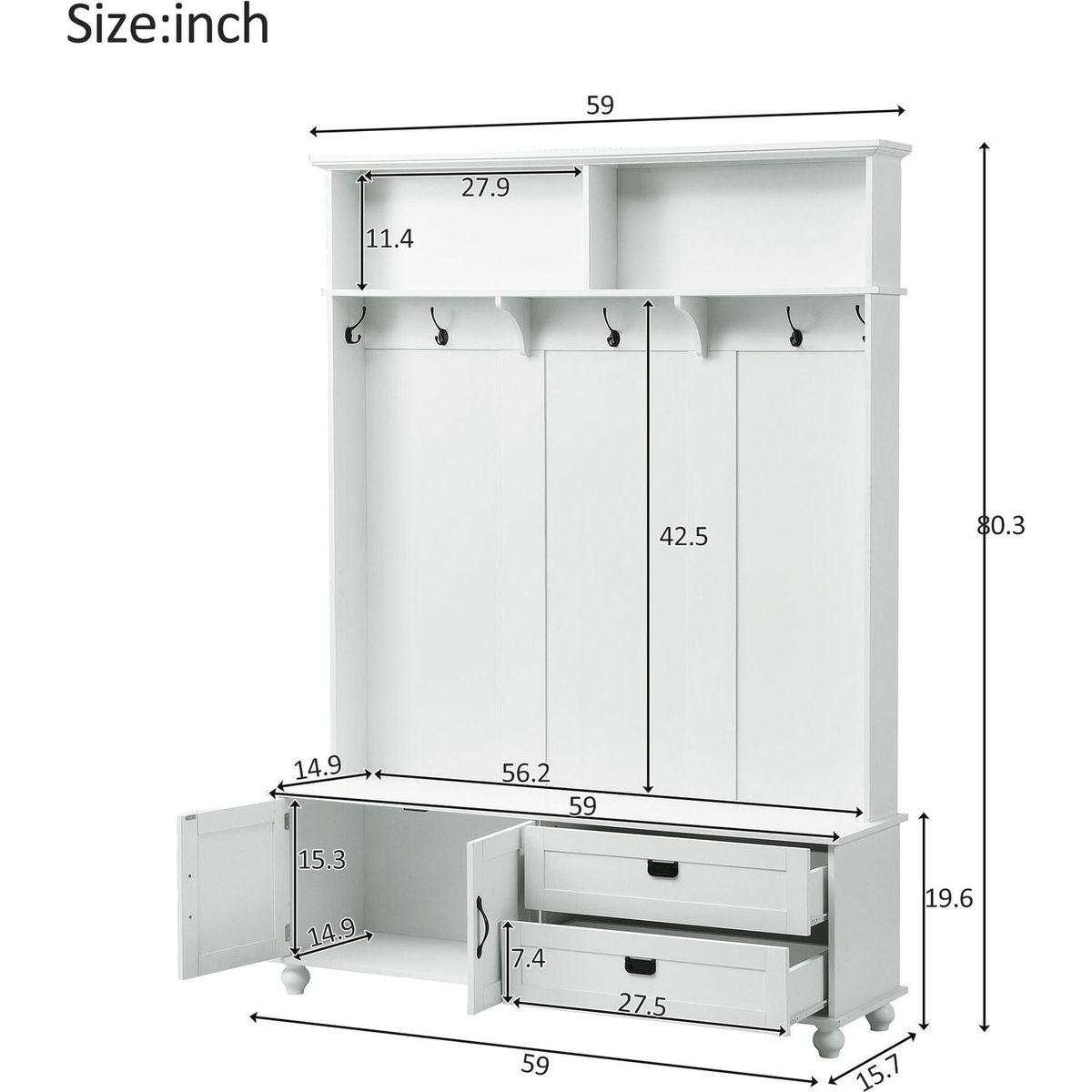 Modern Style Hall Tree with Storage Cabinet and 2 Large Drawers, Widen Mudroom Bench with 5 Coat Hooks, White