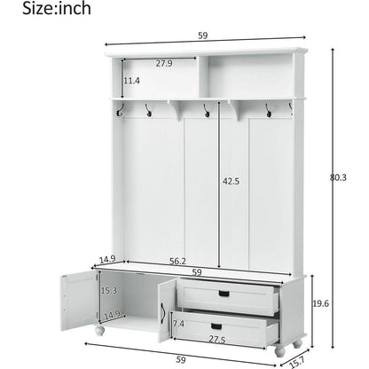 Modern Style Hall Tree with Storage Cabinet and 2 Large Drawers, Widen Mudroom Bench with 5 Coat Hooks, White