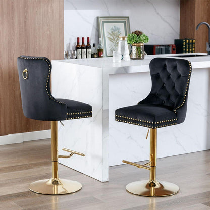 Thick Golden Swivel Velvet Barstools Adjusatble Seat Height from 27-35 Inch, Modern Upholstered Bar Stools with Backs Comfortable Tufted for Home Pub and Kitchen Island (Black, Set of 2)