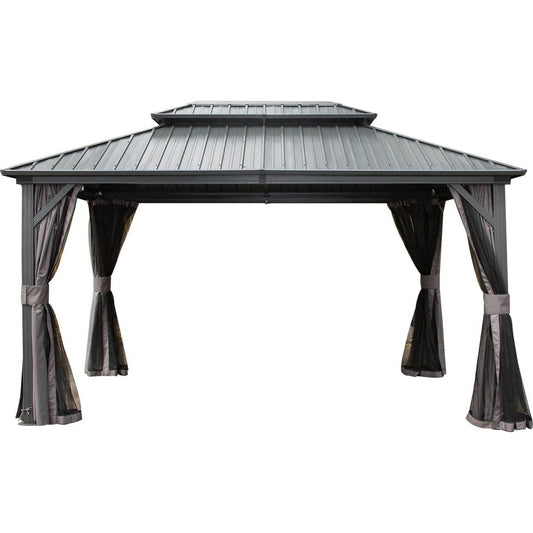 Hardtop Gazebo Outdoor Aluminum Gazebos Grill with Galvanized Steel Double Canopy for Patios Deck Backyard,Curtains&Netting