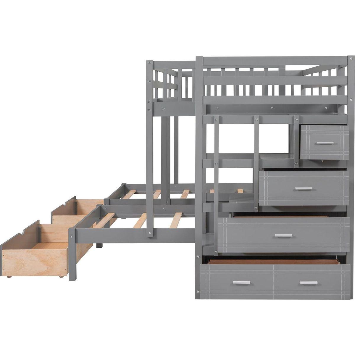 Full Over Twin & Twin Bunk Bed, Wood Triple Bunk Bed with Drawers and Guardrails (Gray)