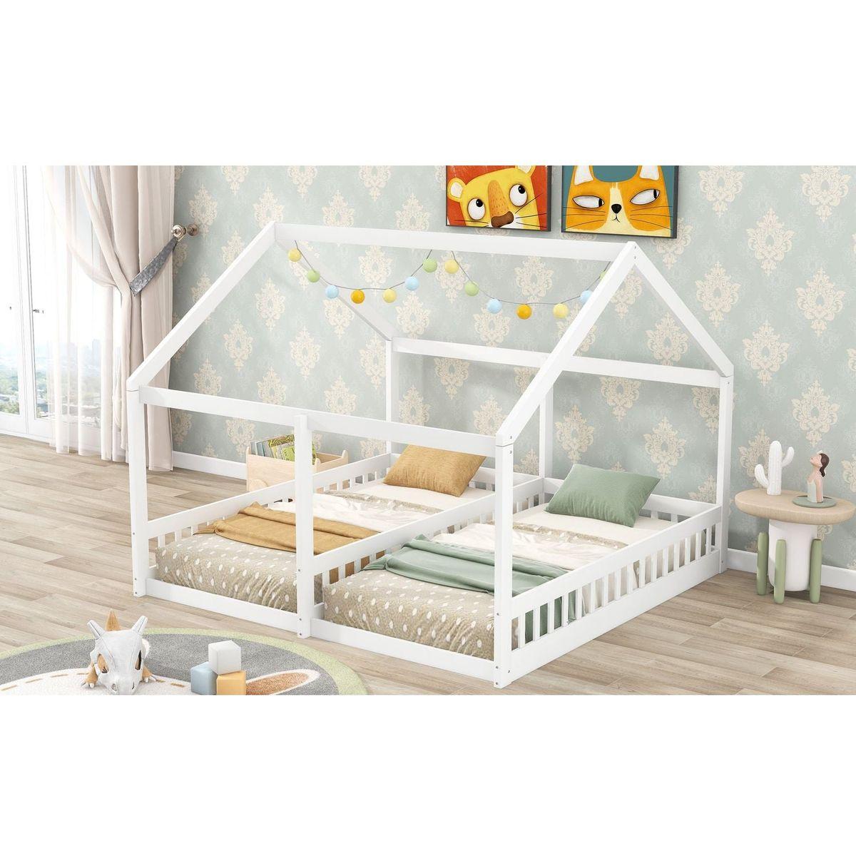 Twin Size House Platform Beds, Two Shared Beds, White