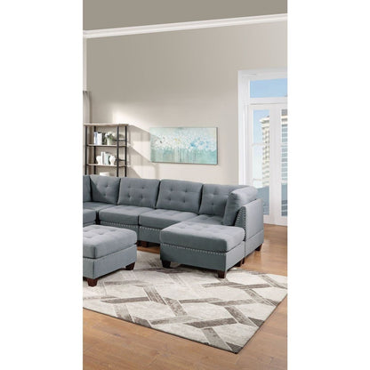 Modular Sectional 9pc Set Living Room Furniture Corner Sectional Tufted Nail heads Couch Gray Linen Like Fabric 3x Corner Wedge 4x Armless Chairs and 2x Ottomans