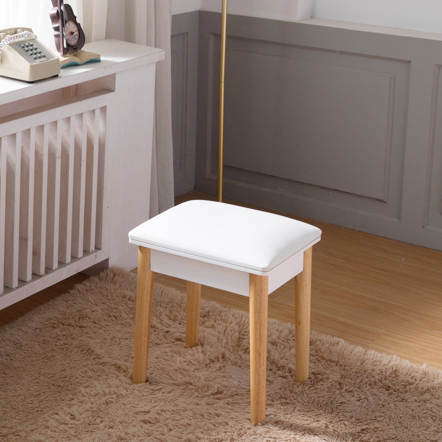 Wooden Vanity Stool Makeup Dressing Stool with PU Seat, White