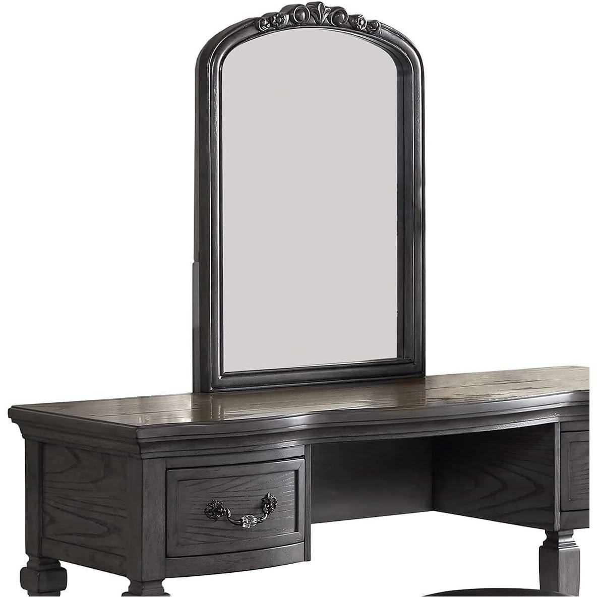 Bedroom Classic Vanity Set Wooden Carved Mirror Stool Drawers Antique Grey Finish