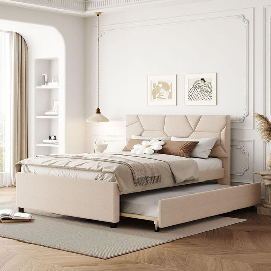 Full Size Upholstered Platform Bed with Brick Pattern Headboard and Twin Size Trundle, Linen Fabric, Beige - Streamdale Furniture