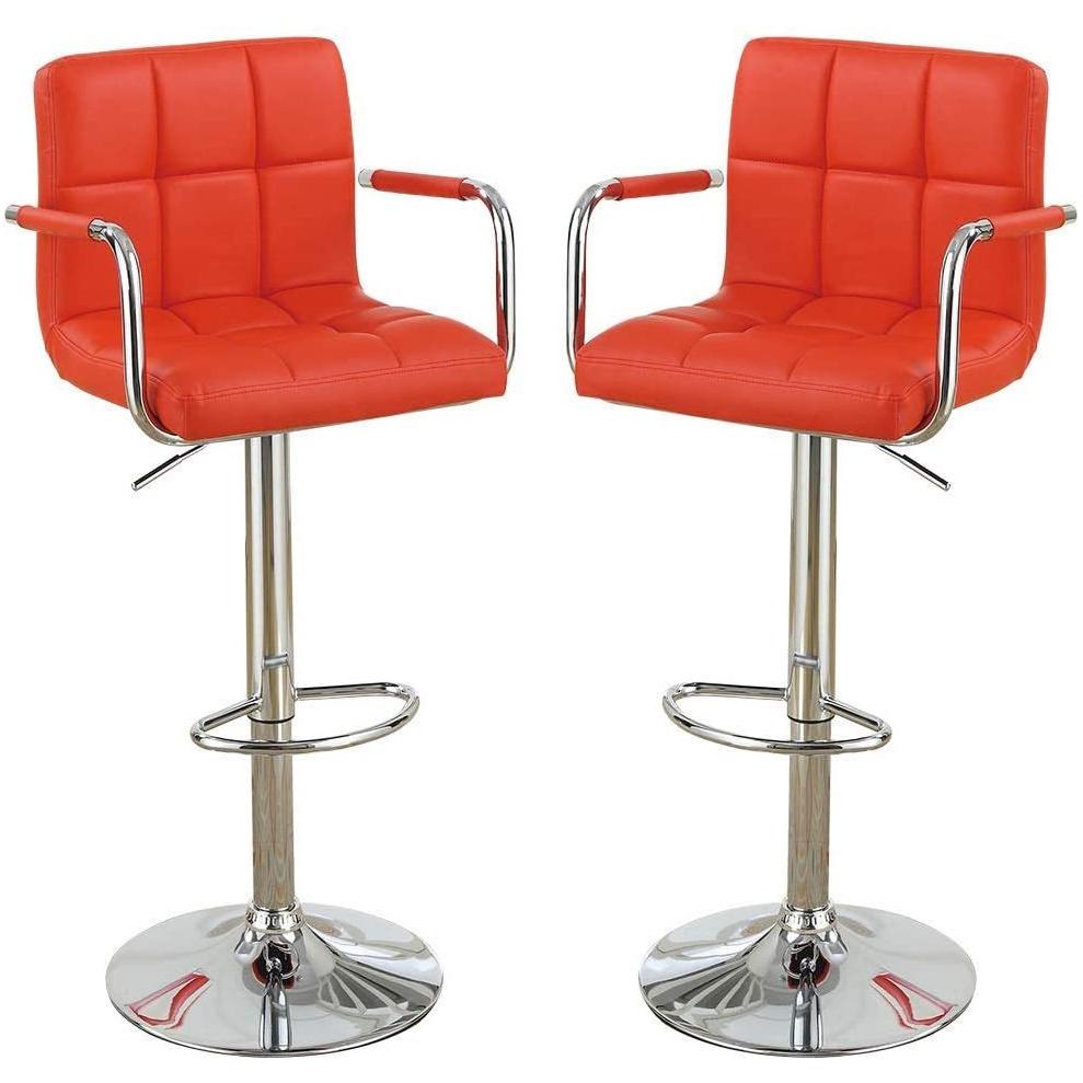 Contemporary Style Red Faux Leather Bar Stool Counter Height Chairs Set of 2 Adjustable Height Kitchen Island Stools