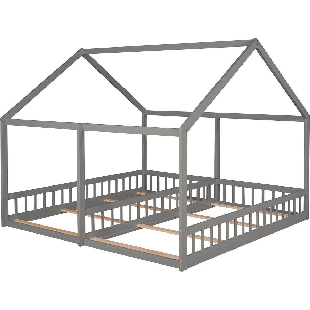 Twin Size House Platform Beds, Two Shared Beds, Gray - Streamdale Furniture