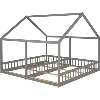 Twin Size House Platform Beds, Two Shared Beds, Gray - Streamdale Furniture