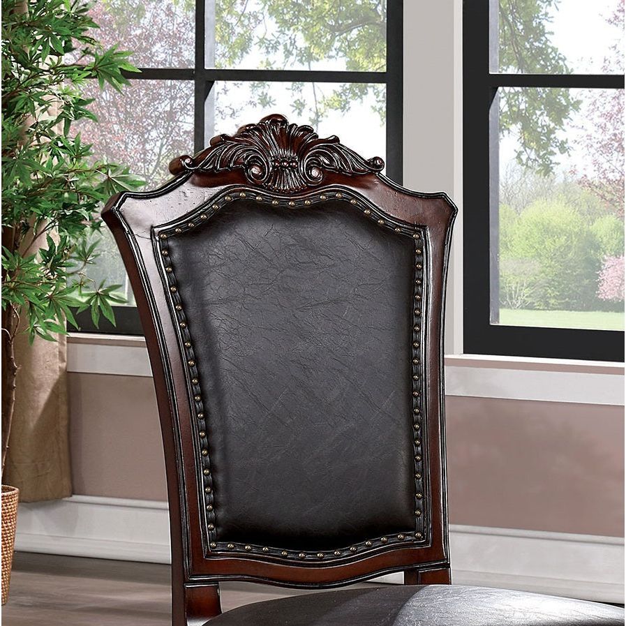 Majestic Traditional Set of 2pcs Side Chairs Brown Cherry Solid wood Faux Wood Carved Details Black Leatherette Seats Formal Dining Room Furniture